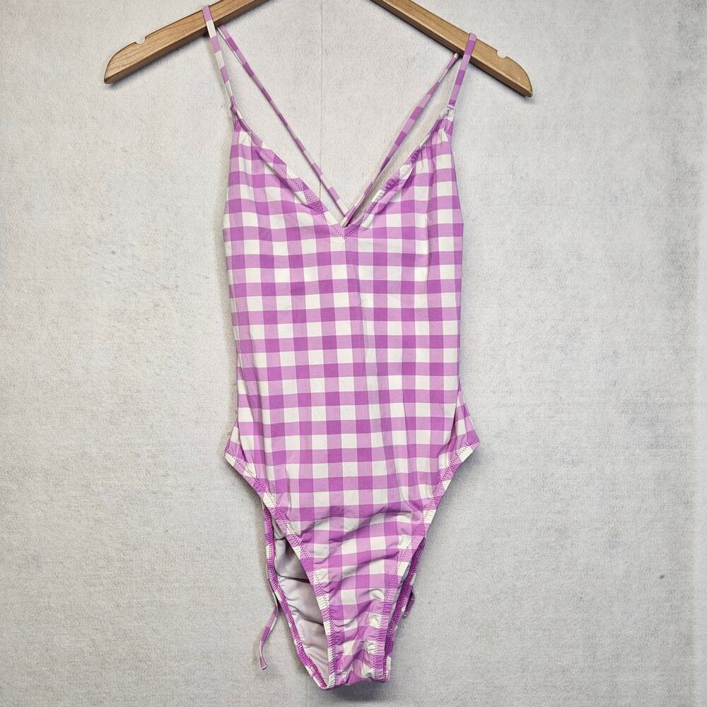 J Crew Womens 4 Purple White Gingham Check Crisscross Strappy One Piece Swimsuit
